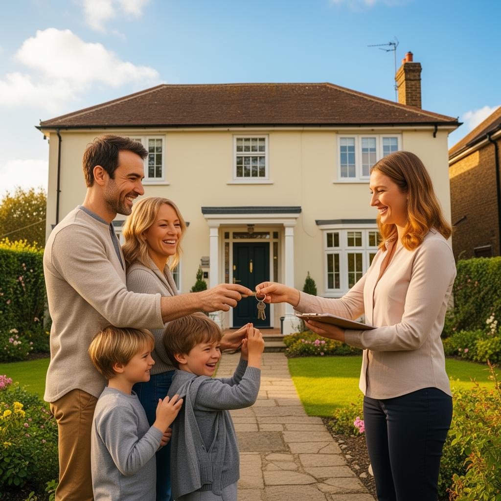 A happy family receiving the keys to their new home from an estate agent